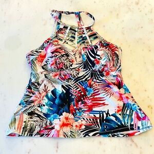 Ladies High Neck Strappy Tropical Print Tankini Top Size 14W